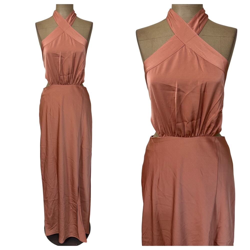 Minkpink Maxi Clay Rose Satin Finlay Halter Dress Tie Back New size Small